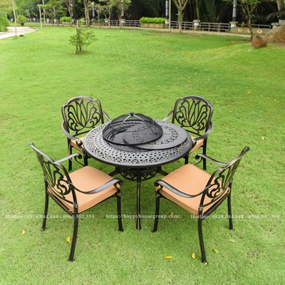 Bộ bàn nhôm đúc tròn tích hợp nướng BBQ ngoài trời D106N-HS