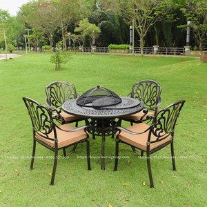 Bộ bàn ghế hợp kim nhôm đúc sân vườn tích hợp nướng than hoa