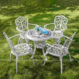 Bộ bàn ghế nhôm đúc mặt đá màu trắng dành cho sân vườn 4 ghế MDK60-CBWB