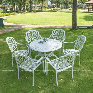 Bộ bàn ghế nhôm đúc sân vườn 6 ghế màu trắng ND100-6HSW