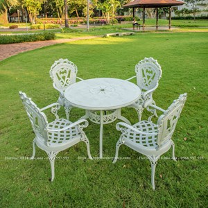 Bộ bàn ghế nhôm đúc cao cấp sân vườn mặt tròn màu trắng BN80-J8B